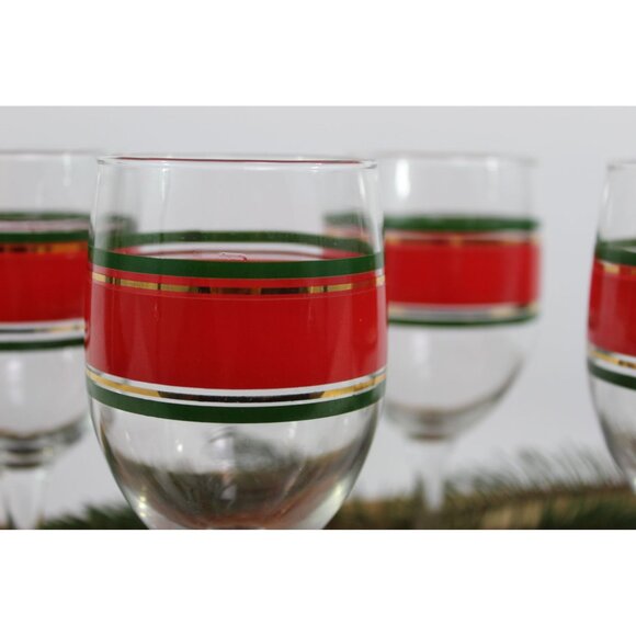 Vintage Holiday Wine Glasses Set Of 4 With Red & Green Stripe Design 7 Oz Clear - Picture 2 of 5